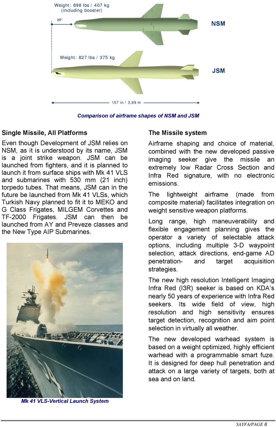 JSM can be launched from fighters, and it is planned to launch it from surface ships with Mk 41 VLS and submarines with 530 mm (21 inch) torpedo tubes.