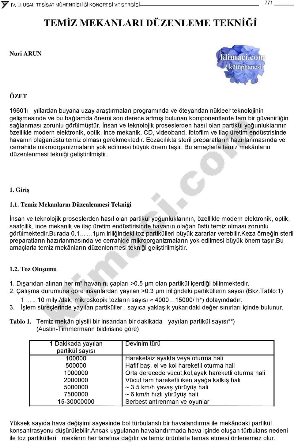 İnsan ve teknolojik proseslerden hasıl olan partikül yoğunluklarının özellikle modern elektronik, optik, ince mekanik, CD, videoband, fotofilm ve ilaç üretim endüstrisinde havanın olağanüstü temiz