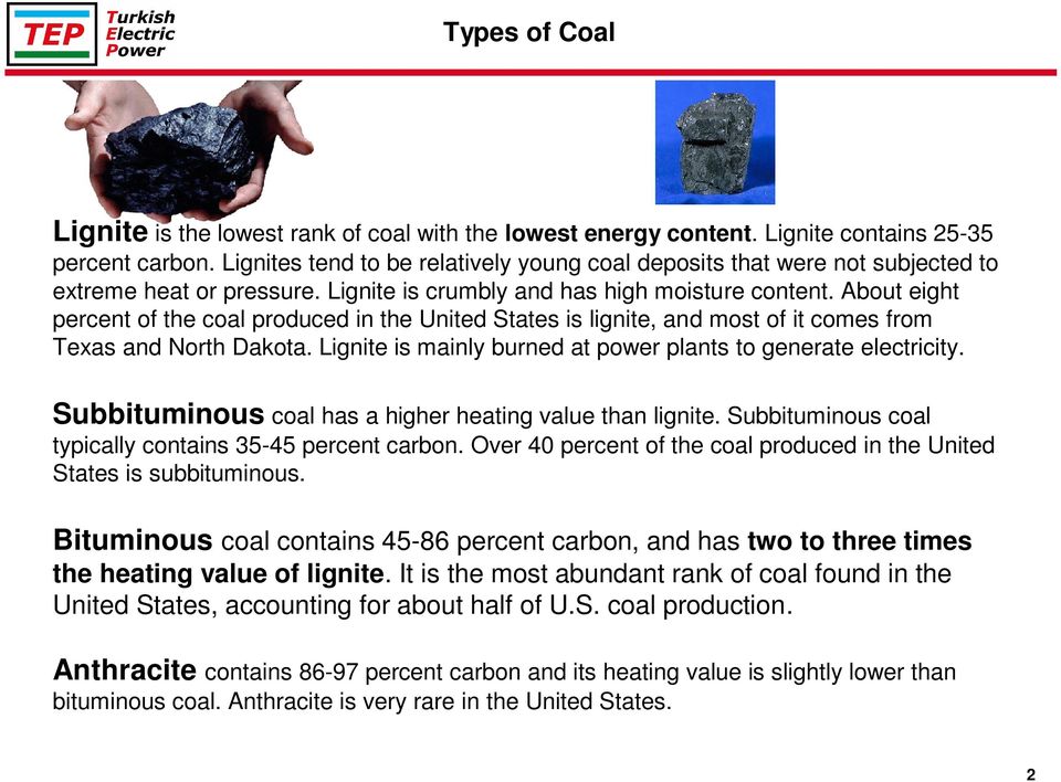 About eight percent of the coal produced in the United States is lignite, and most of it comes from Texas and North Dakota. Lignite is mainly burned at power plants to generate electricity.