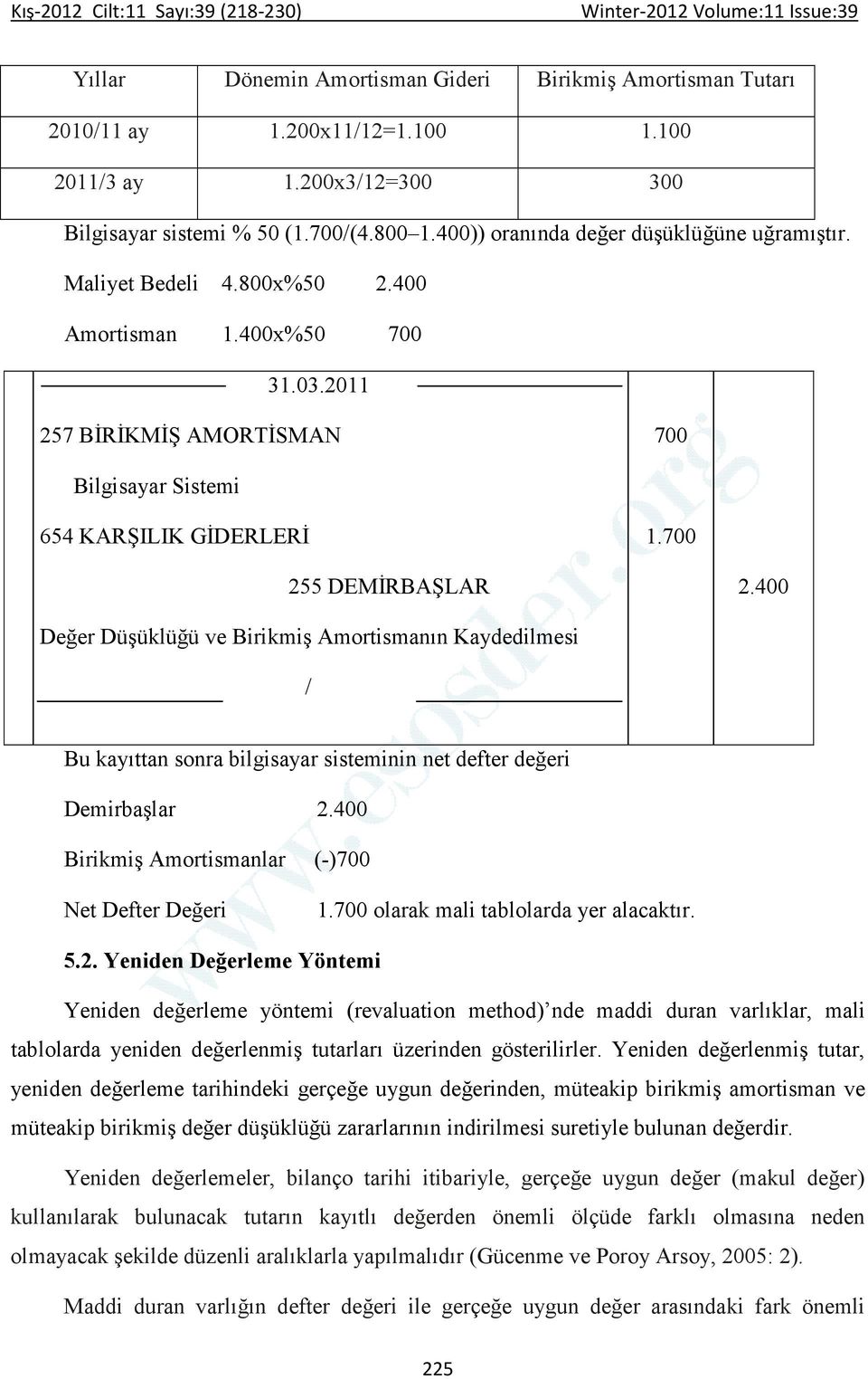 700 255 DEMĐRBAŞLAR 2.400 Değer Düşüklüğü ve Birikmiş Amortismanın Kaydedilmesi / Bu kayıttan sonra bilgisayar sisteminin net defter değeri Demirbaşlar 2.