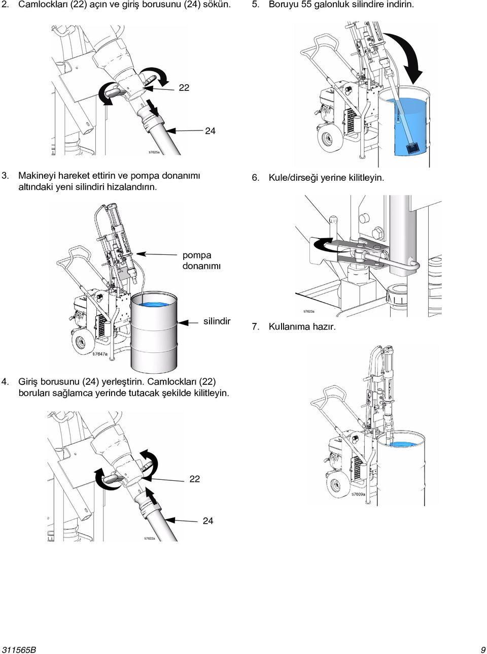 Kule/dirseði yerine kilitleyin. pompa donanýmý silindir 7. Kullanýma hazýr. 4.