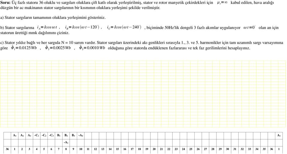 b) Stat agılaına i A c t, i B c t0, i C c t40, biçiminde 50Hz'lik dengeli 3 fazlı akımla uygulanıy t0 lan an için tatun üettiği mmk dağılımını çiziniz.