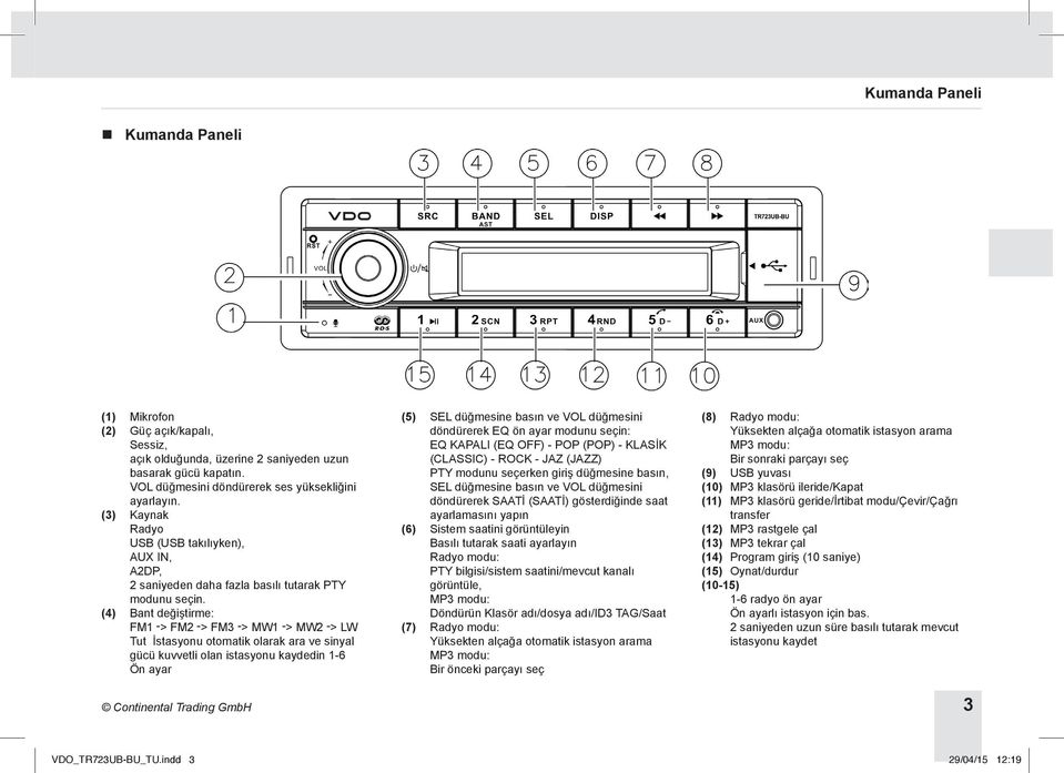 (4) Bant değiştirme: FM1 -> FM2 -> FM3 -> MW1 -> MW2 -> LW Tut İstasyonu otomatik olarak ara ve sinyal gücü kuvvetli olan istasyonu kaydedin 1-6 Ön ayar Continental Trading GmbH (5) SEL düğmesine