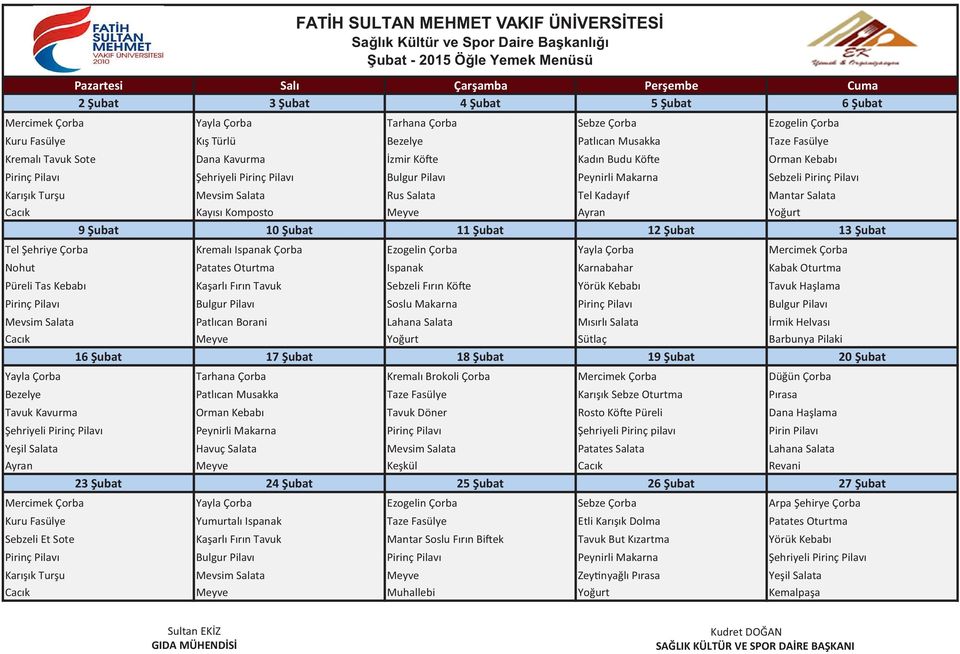 Pilavı Şehriyeli Pirinç Pilavı Bulgur Pilavı Peynirli Makarna Sebzeli Pirinç Pilavı Karışık Turşu Mevsim Salata Rus Salata Tel Kadayıf Mantar Salata Cacık Kayısı Komposto Meyve Ayran Yoğurt 9 Şubat