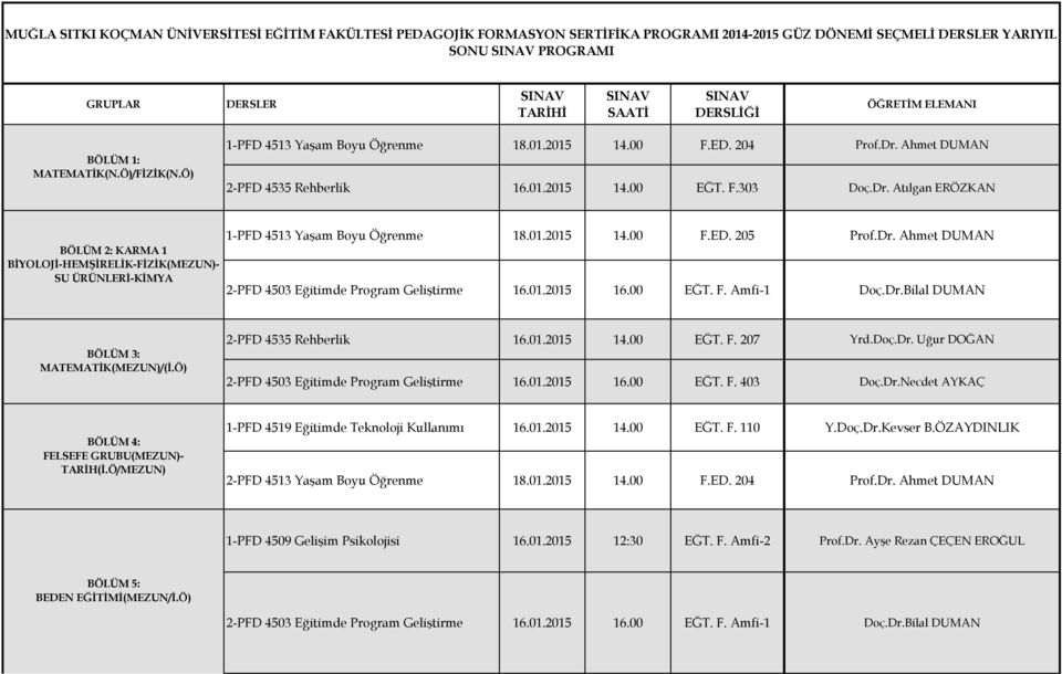 aşam Byu Öğenme 18012015 1400 FE 204 2-F 4535 Rehbelik 16012015 1400 EĞT F303 1-F 4513 aşam Byu Öğenme 18012015 1400 FE 205 2-F 4503 Eğitime gam Geliştime 16012015 1600 EĞT F Amfi-1 2-F 4535 Rehbelik