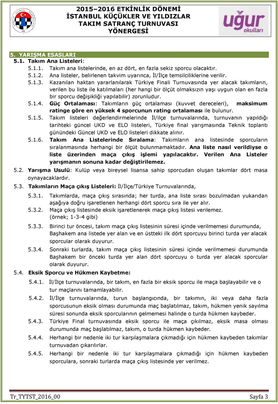 Kazanılan haktan yararlanılarak Türkiye Finali Turnuvasında yer alacak takımların, verilen bu liste ile katılmaları (her hangi bir ölçüt olmaksızın yaşı uygun olan en fazla bir sporcu değişikliği