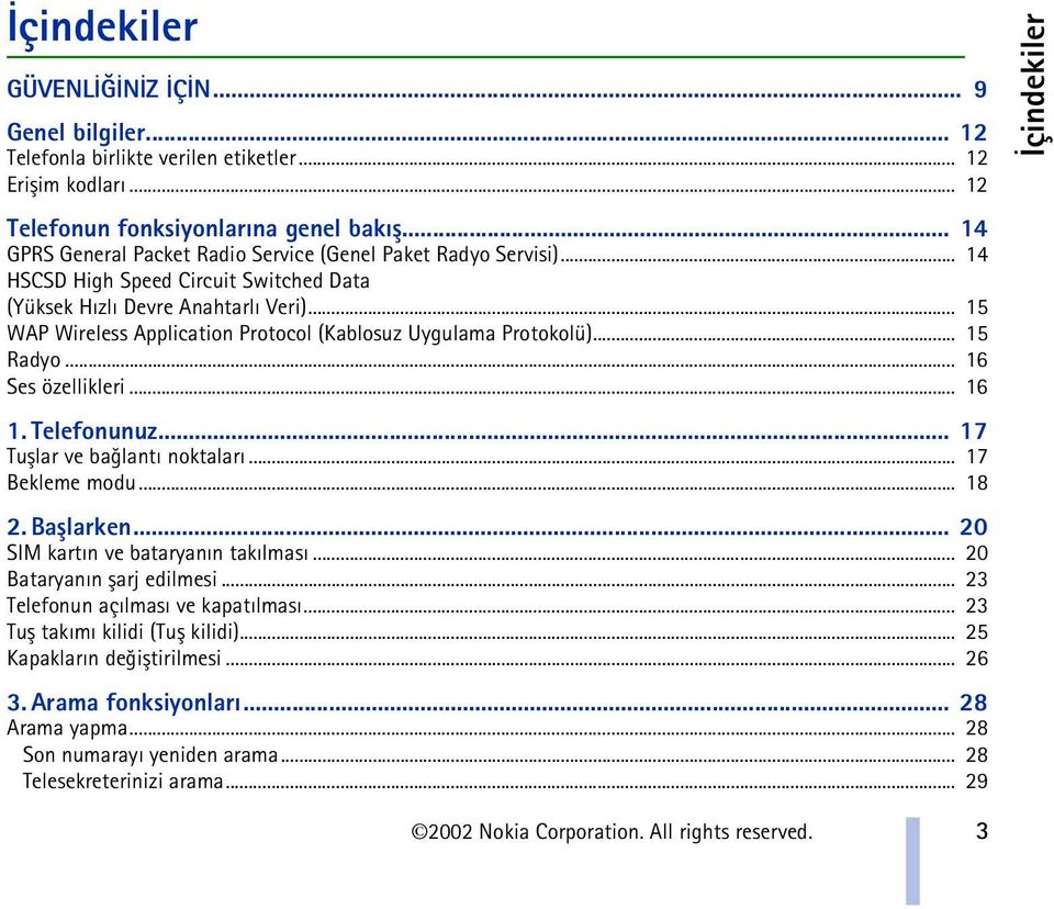 .. 15 WAP Wireless Application Protocol (Kablosuz Uygulama Protokolü)... 15 Radyo... 16 Ses özellikleri... 16 1. Telefonunuz... 17 Tuþlar ve baðlantý noktalarý... 17 Bekleme modu... 18 2. Baþlarken.