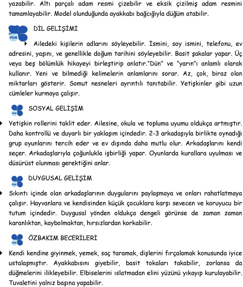 Dün ve yarın ı anlamlı olarak kullanır. Yeni ve bilmediği kelimelerin anlamlarını sorar. Az, çok, biraz olan miktarları gösterir. Somut nesneleri ayrıntılı tanıtabilir.