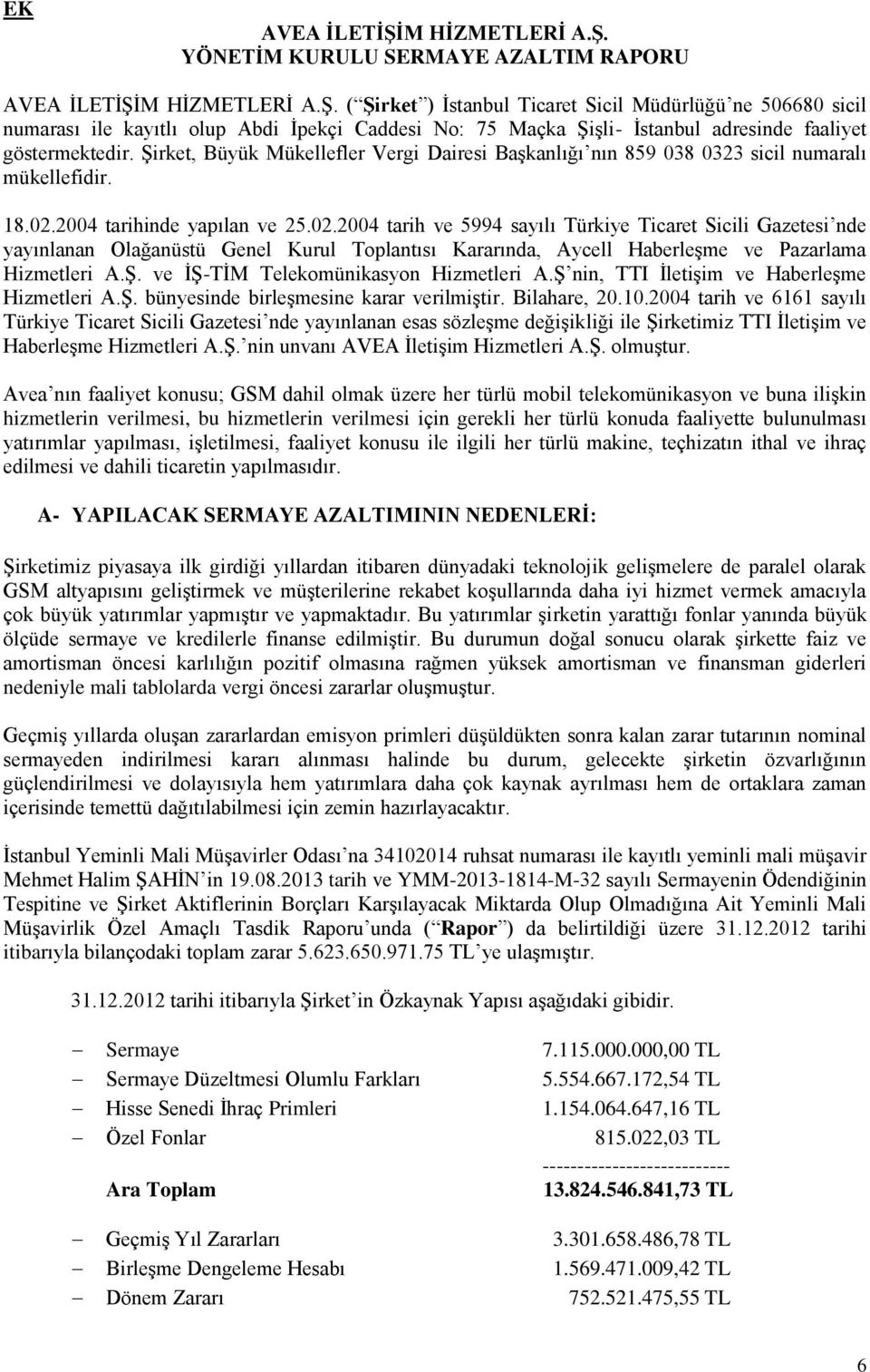 2004 tarihinde yapılan ve 25.02.2004 tarih ve 5994 sayılı Türkiye Ticaret Sicili Gazetesi nde yayınlanan Olağanüstü Genel Kurul Toplantısı Kararında, Aycell Haberleşme ve Pazarlama Hizmetleri A.Ş.