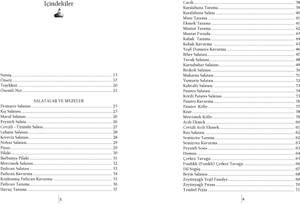 .. 34 Közlenmiş Patlıcan Kavurma... 35 Patlıcan Tarama... 36 Havuç Tarama... 37 5 Cacık... 38 Karalahana Tarama... 39 Karalahana Salata... 40 Mısır Tarama... 41 Ekmek Tarama... 41 Mantar Tarama.