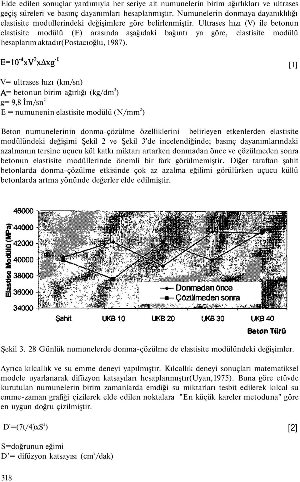 Ultrases hızı (V) ile betonun elastisite modülü (E) arasında aşağıdaki bağıntı ya göre, elastisite modülü hesaplarım aktadır(postacıoğlu, 1987).