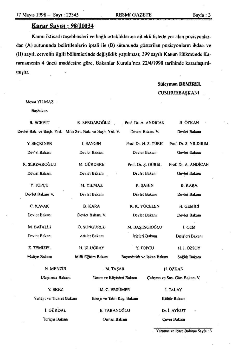 Kurulu'nca 22/4/1998 tarihinde kararlaştırılmıştır. Süleyman DEMİREL CUMHURBAŞKANI Mesut YILMAZ Başbakan B. ECEVİT R. SERDAROĞLU Prof. Dr. A. ANDİCAN H. ÖZKAN Devlet Bak. ve Başb. Yıd. Milli Sav. Bak. ve Başb. Yrd.