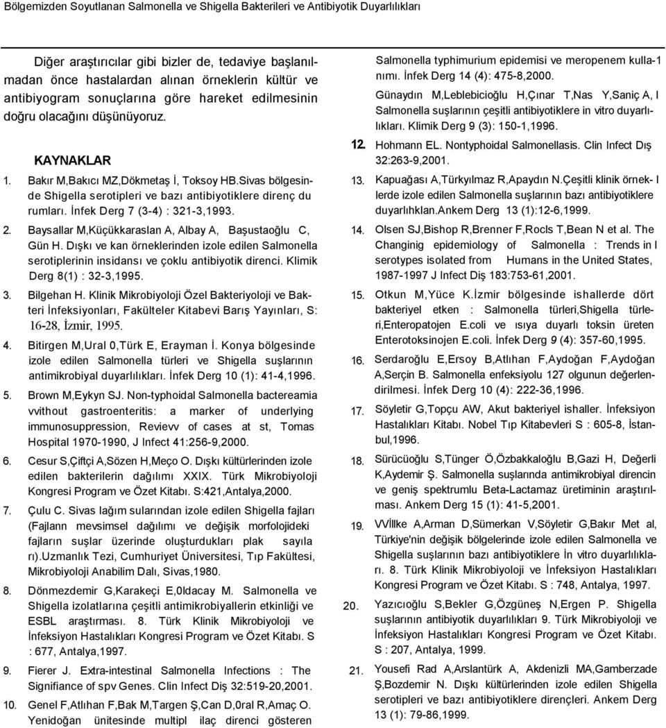 de Shigella serotipleri ve bazı antibiyotiklere direnç du rumları. İnfek Derg 7 (3-4) : 321-3,1993. 2. Baysallar M,Küçükkaraslan A, Albay A, Başustaoğlu C, 14. Gün H.