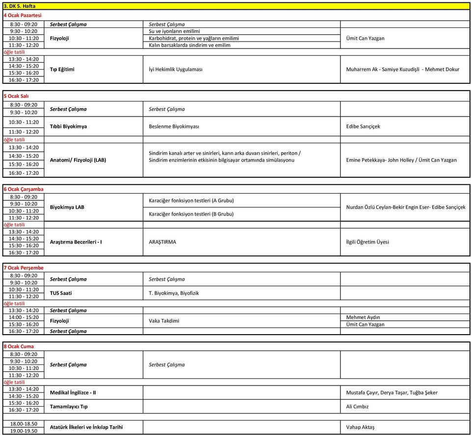 Mehmet Dokur 5 Ocak Salı 6 Ocak Çarşamba Tıbbi Biyokimya Beslenme Biyokimyası Edibe Sarıçiçek / (LAB) Biyokimya LAB Sindirim kanalı arter ve sinirleri, karın arka duvarı sinirleri, periton /