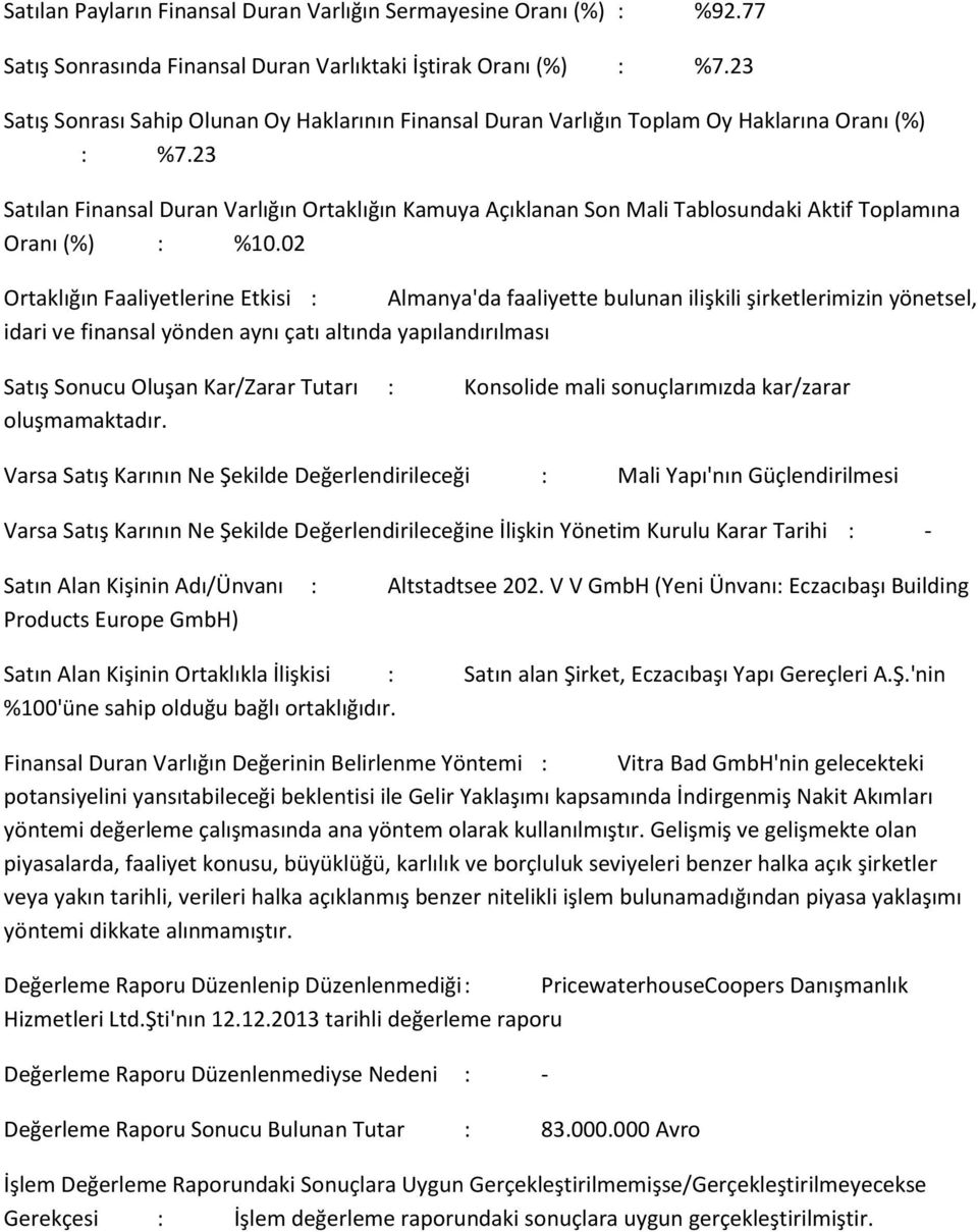 23 Satılan Finansal Duran Varlığın Ortaklığın Kamuya Açıklanan Son Mali Tablosundaki Aktif Toplamına Oranı (%) : %10.