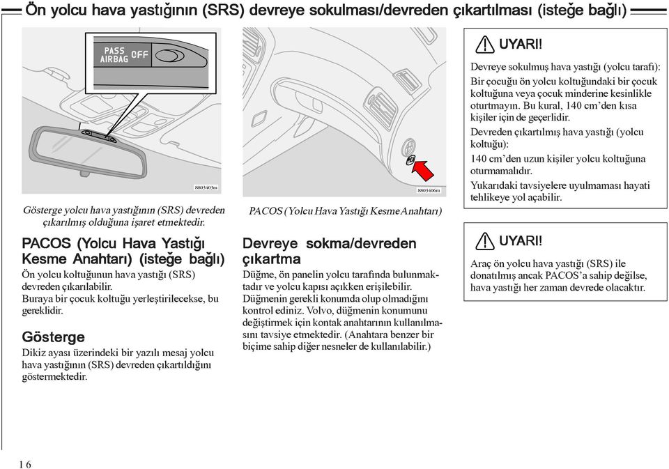 Gösterge 8803403m Dikiz ayasý üzerindeki bir yazýlý mesaj yolcu hava yastýðýnýn (SRS) devreden çýkartýldýðýný göstermektedir.