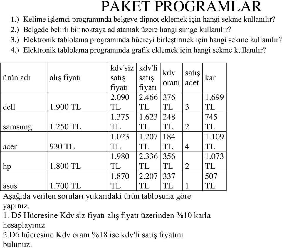 ürün adı alış fiyatı kdv'siz satış fiyatı 2.090 1.375 1.023 1.980 1.870 kdv'li satış fiyatı 2.466 1.623 1.207 2.336 2.207 kdv oranı satış adet kar 376 dell 1.900 3 248 samsung 1.