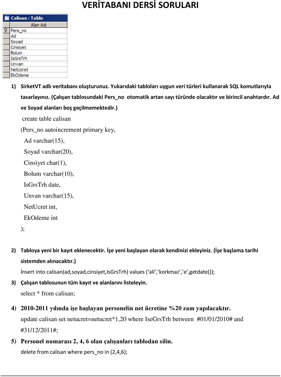 ) create table calisan (Pers_no autoincrement primary key, Ad varchar(15), Soyad varchar(20), Cinsiyet char(1), Bolum varchar(10), IsGrsTrh date, Unvan varchar(15), NetUcret int, EkOdeme int ); 2)