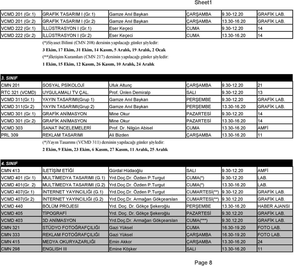20 14 (*)Siyaset Bilimi (CMN 208) dersinin yapılacağı günler şöyledir: (**)İletişim Kuramları (CMN 217) dersinin yapılacağı günler şöyledir: 1 Ekim, 15 Ekim, 12 Kasım, 26 Kasım, 10 Aralık, 24 Aralık
