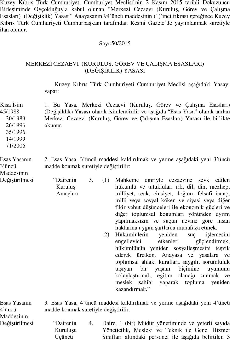 Sayı:50/2015 MERKEZİ CEZAEVİ (KURULUŞ, GÖREV VE ÇALIŞMA ESASLARI) (DEĞİŞİKLİK) YASASI Kuzey Kıbrıs Türk Cumhuriyeti Cumhuriyet Meclisi aşağıdaki Yasayı yapar: Kısa İsim 45/1988 30/1989 26/1996