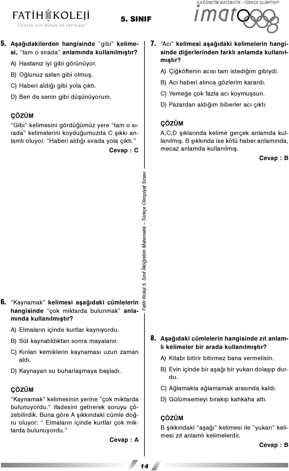 Acý kelimesi aþaðýdaki kelimelerin hangisinde diðerlerinden farklý anlamda kullanýlmýþtýr? A) Çiðköftenin acýsý tam istediðim gibiydi. B) Acý haberi alýnca gözlerim karardý.