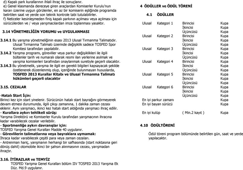 tutulabilirler. f) Neticeler kesinleşmeden finiş kapalı parkının açılması veya açılması için sürücülerden ve / veya yarışmacılardan imza toplanması yasaktır. 3.14 YÖNETMELİĞİN YORUMU ve UYGULANMASI 3.