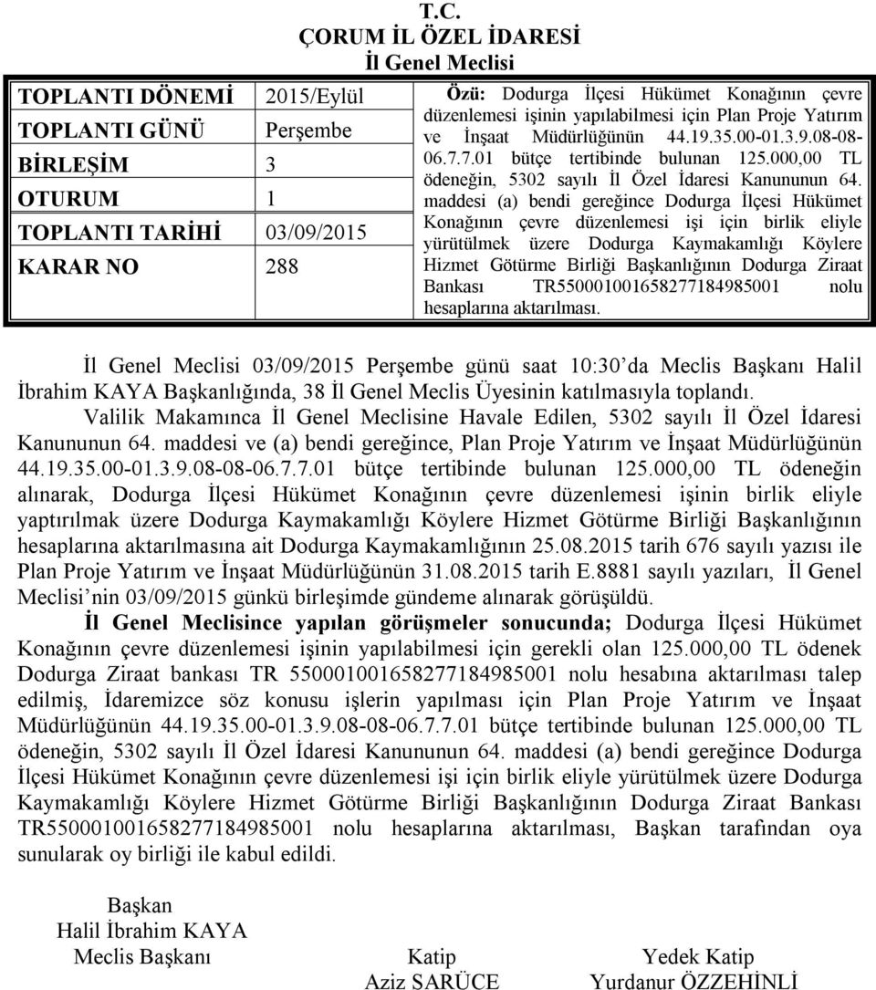 maddesi (a) bendi gereğince Dodurga İlçesi Hükümet Konağının çevre düzenlemesi işi için birlik eliyle TOPLANTI TARİHİ 03/09/2015 yürütülmek üzere Dodurga Kaymakamlığı Köylere KARAR NO 288 Hizmet