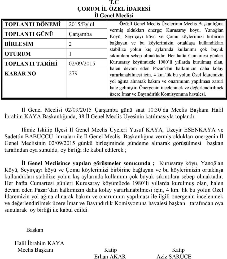 Her hafta Cumartesi günleri TOPLANTI TARİHİ 02/09/2015 Kurusaray köyümüzde 1980 li yıllarda kurulmuş olan, halen devam eden Pazar dan halkımızın daha kolay KARAR NO 279 yararlanabilmesi için, 4 km.