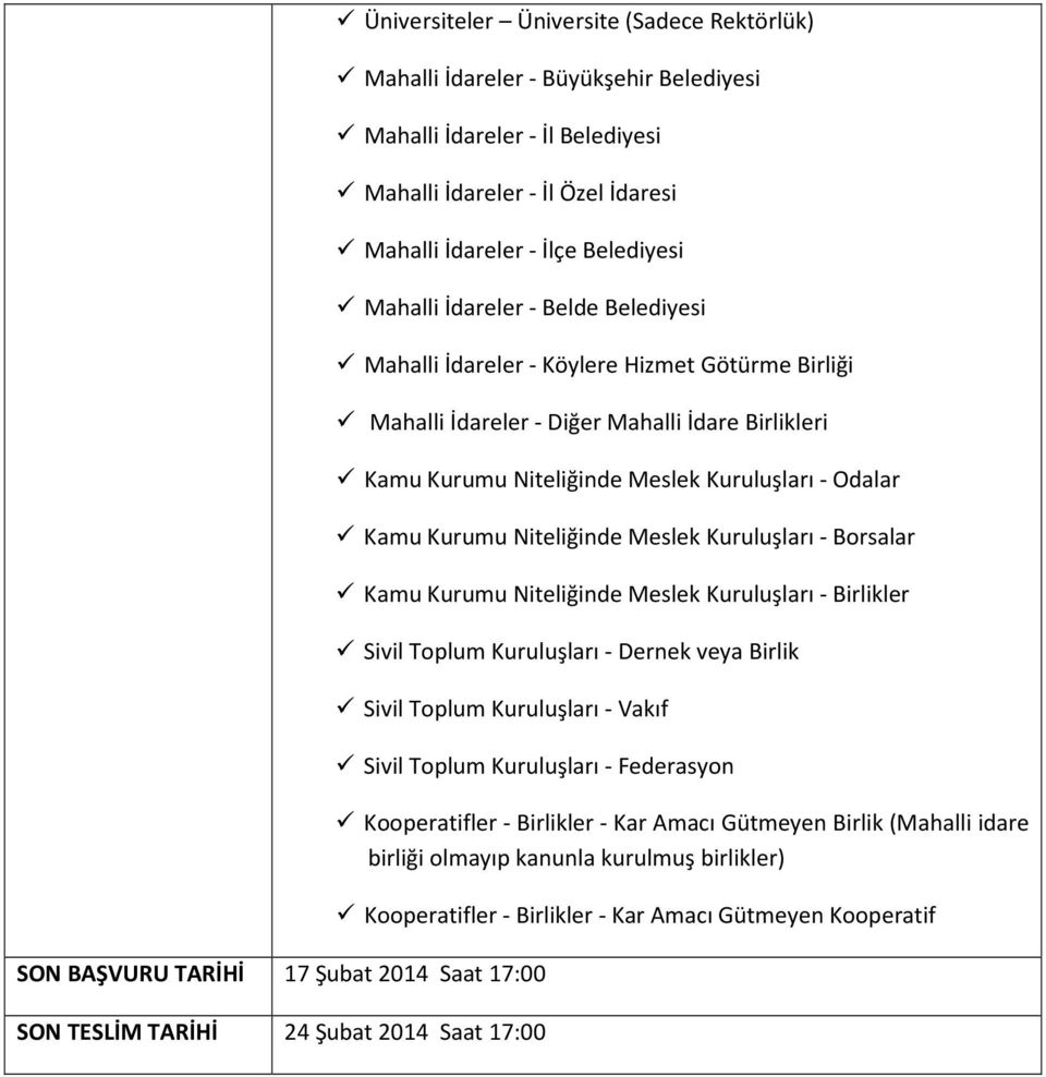 Niteliğinde Meslek Kuruluşları - Borsalar Kamu Kurumu Niteliğinde Meslek Kuruluşları - Birlikler Sivil Toplum Kuruluşları - Dernek veya Birlik Sivil Toplum Kuruluşları - Vakıf Sivil Toplum