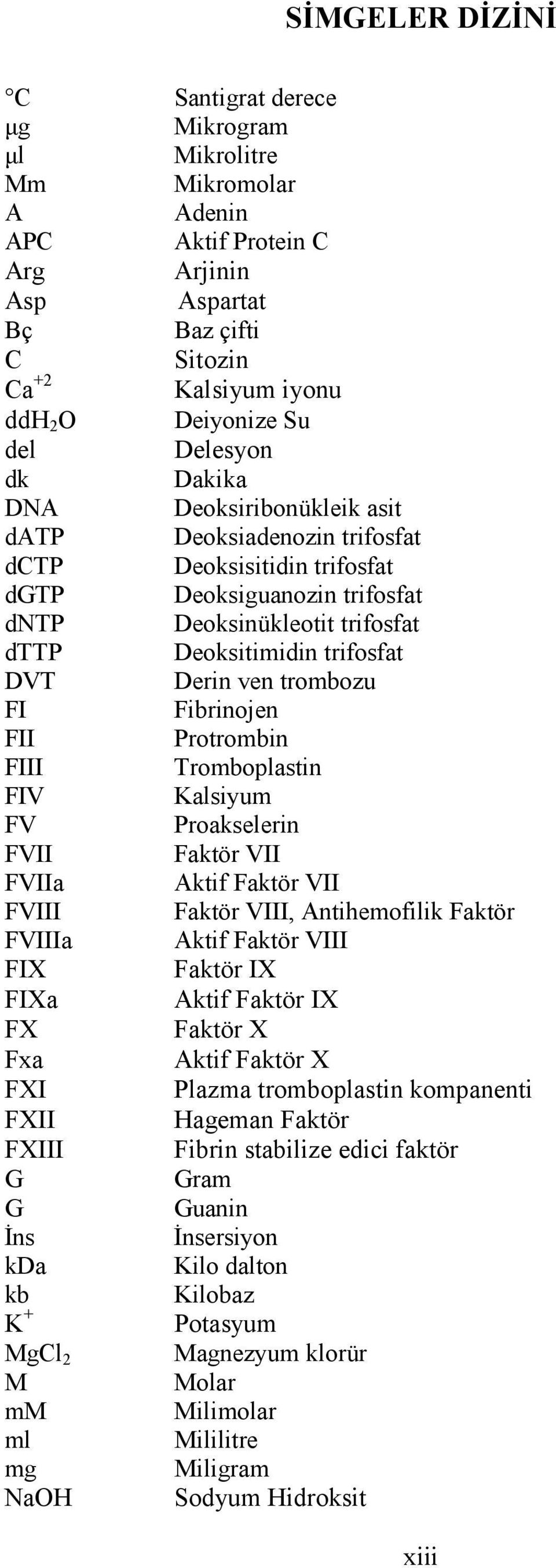 Derin ven trombozu FI Fibrinojen FII Protrombin FIII Tromboplastin FIV Kalsiyum FV Proakselerin FVII Faktör VII FVIIa Aktif Faktör VII FVIII Faktör VIII, Antihemofilik Faktör FVIIIa Aktif Faktör VIII
