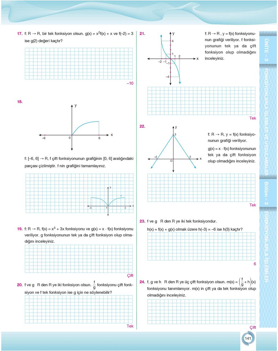 g onksionu çit onksion ve tek onksion ise g için ne sölenebilir? 6 6. : R R, = () onksionunun graiği verilior. onksi- onunun tek a da çit onksion olup olmadığını inceleiniz. Tek.