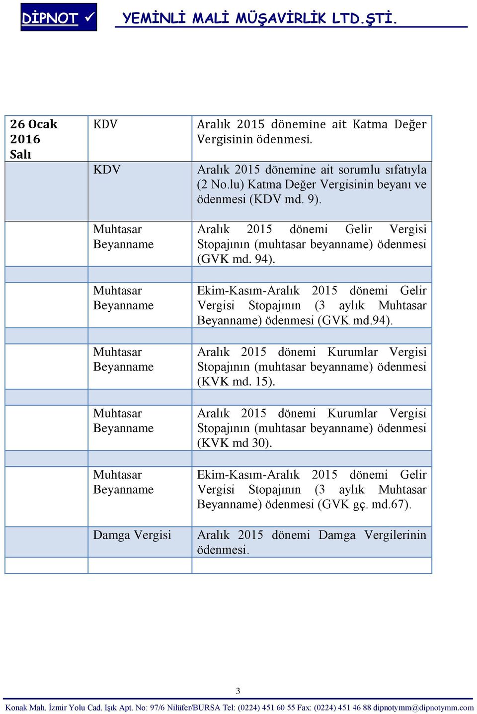 Aralık 2015 dönemi Gelir Vergisi (GVK md. 94). Vergisi Stopajının (3 aylık ) ödenmesi (GVK md.94). (KVK md.