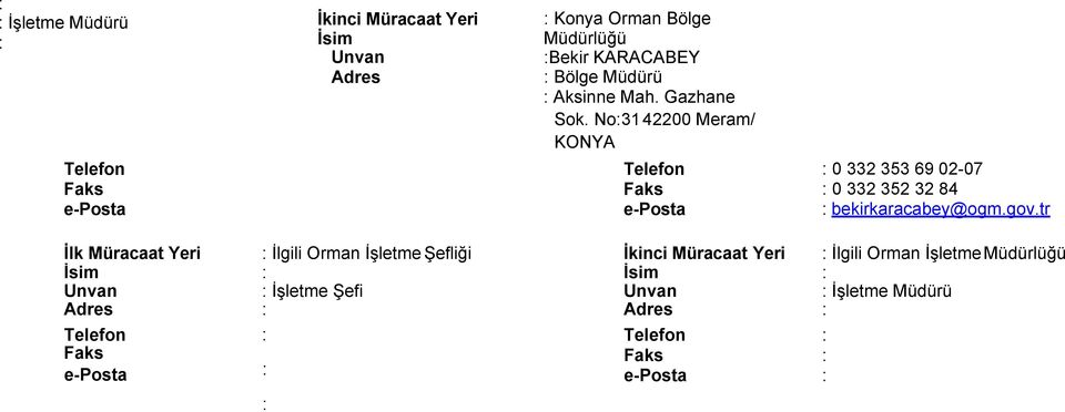 No:31 42200 Meram/ KONYA Telefon Faks e-posta : 0 332 353 69 02-07 : 0 332 352 32 84 : bekirkaracabey@ogm.gov.