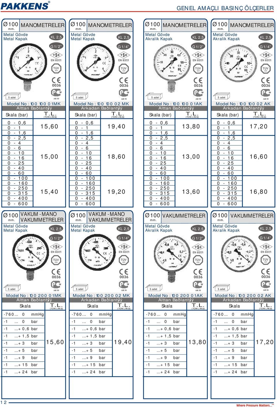 Ø100 VAKUM - MAN VAKUMMETRELER Ø100 Akralik Kapak VAKUMMETRELER Ø100 Akralik Kapak VAKUMMETRELER Model No : 100 200 01 MK Model No : 100 200 02 MK Skala Skala -760... 0 mmhg -1...+ 0,6 bar -1.