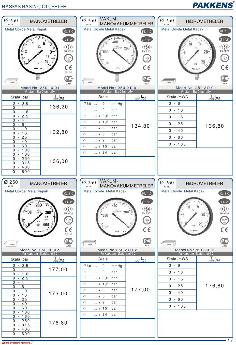 .. + 3 bar Model No : 250 310 01 Skala (mws) 134,80 136,80 Ø 250 MANMETRELER Ø 250 Ø 250 HiDRMETRELER Model No :