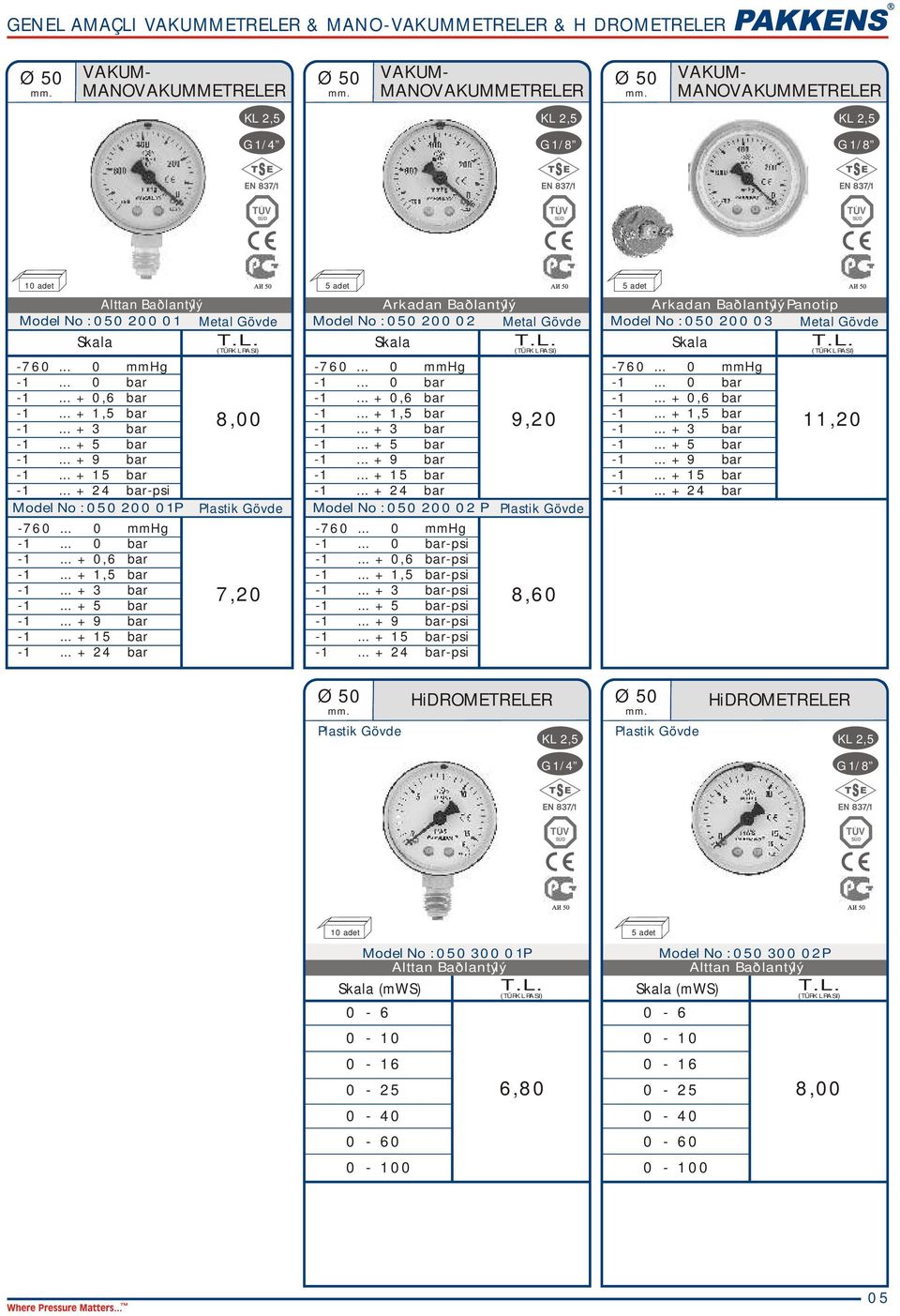 .. + 3 bar Model No : 050 200 02 P -psi -psi -psi -1... + 3 bar-psi -psi -psi -psi -psi Plastik Gövde Panotip Model No : 050 200 03 Skala -1.