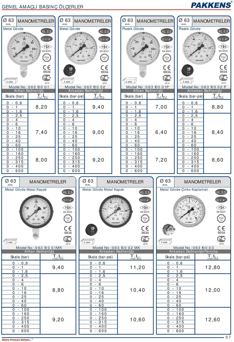 100 02 P Skala (bar-psi) 0 0 0 8,80 8,40 8,60 MANMETRELER MANMETRELER MANMETRELER Çinko Kaplamalı Model No : 063 100 01 MK Skala (bar) 0 0 0 9,40