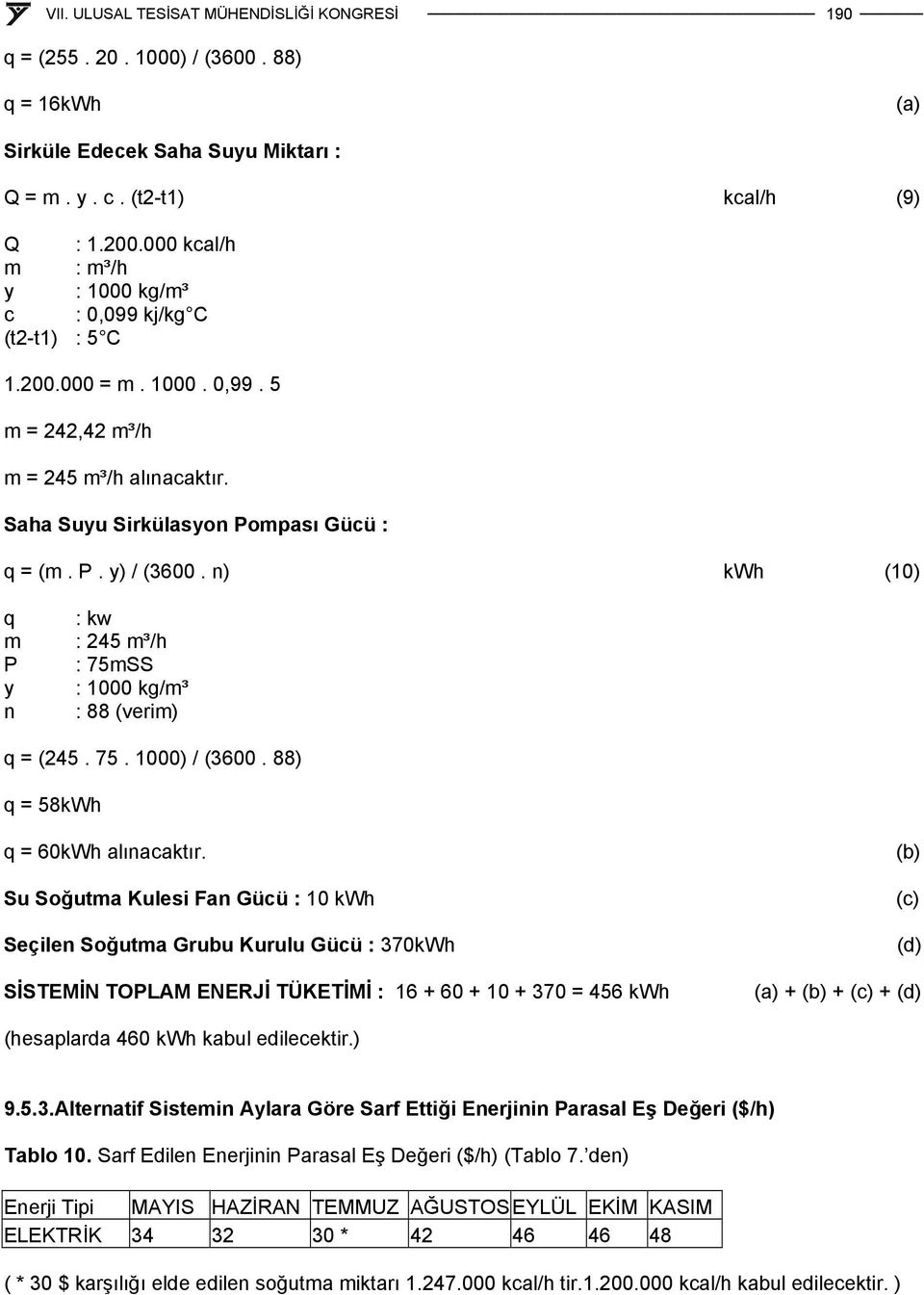 n) kwh (10) q m P y n : kw : 245 m³/h : 75mSS : 1000 kg/m³ : 88 (verim) q = (245. 75. 1000) / (3600. 88) q = 58kWh q = 60kWh alınacaktır.