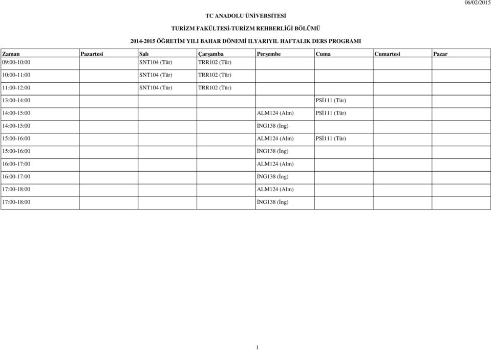 SNT104 (Tür) TRR102 (Tür) 13:00-14:00 PSİ111 (Tür) 14:00-15:00 ALM124 (Alm) PSİ111 (Tür) 14:00-15:00 İNG138 (İng)