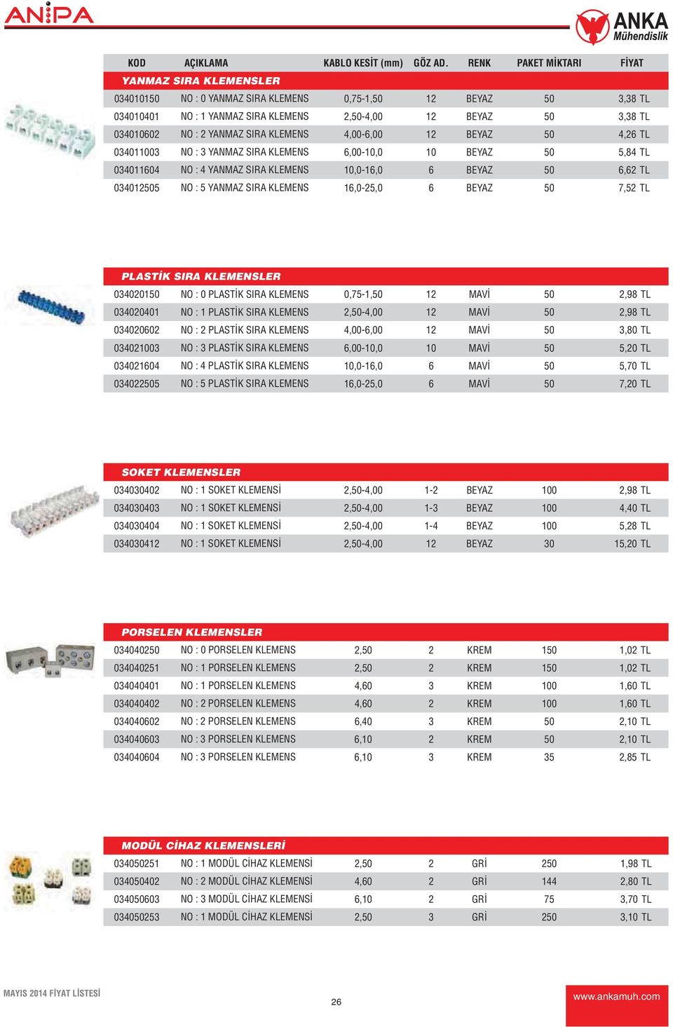 YANMAZ SIRA KLEMENS 4,00-6,00 12 BEYAZ 50 4,26 TL 034011003 NO : 3 YANMAZ SIRA KLEMENS 6,00-10,0 10 BEYAZ 50 5,84 TL 034011604 NO : 4 YANMAZ SIRA KLEMENS 10,0-16,0 6 BEYAZ 50 6,62 TL 034012505 NO : 5