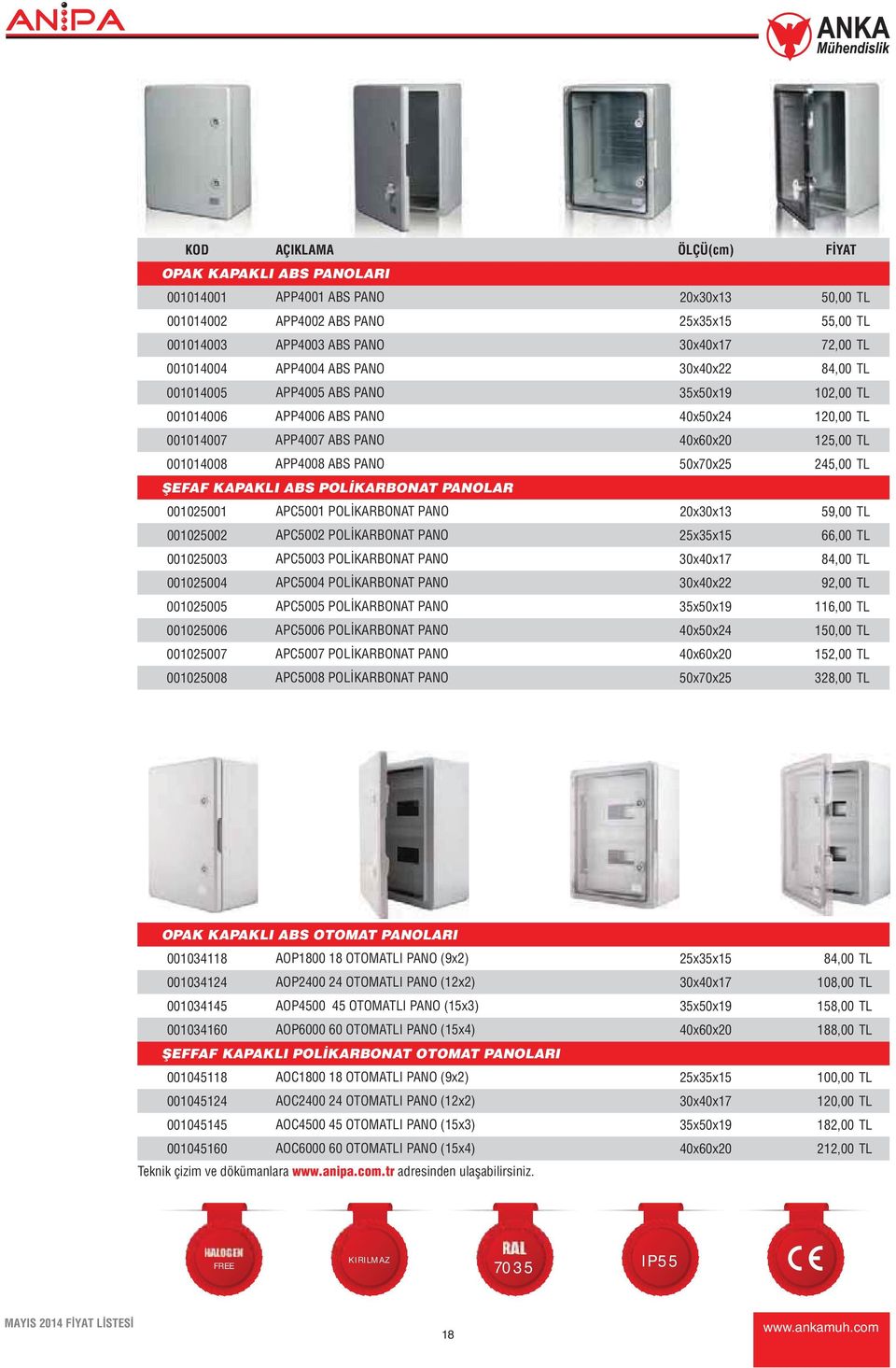 50x70x25 245,00 TL ŞEFAF KAPAKLI ABS POLİKARBONAT PANOLAR 001025001 APC5001 POLİKARBONAT PANO 20x30x13 59,00 TL 001025002 APC5002 POLİKARBONAT PANO 25x35x15 66,00 TL 001025003 APC5003 POLİKARBONAT