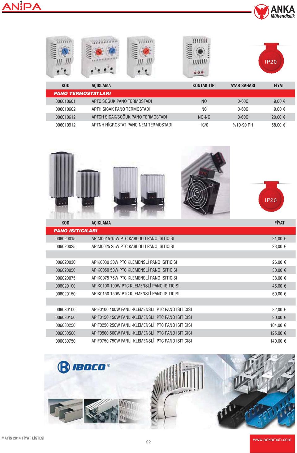 006020025 APIM0025 25W PTC KABLOLU PANO ISITICISI 23,00 006020030 APIK0030 30W PTC KLEMENSLİ PANO ISITICISI 26,00 006020050 APIK0050 50W PTC KLEMENSLİ PANO ISITICISI 30,00 006020075 APIK0075 75W PTC