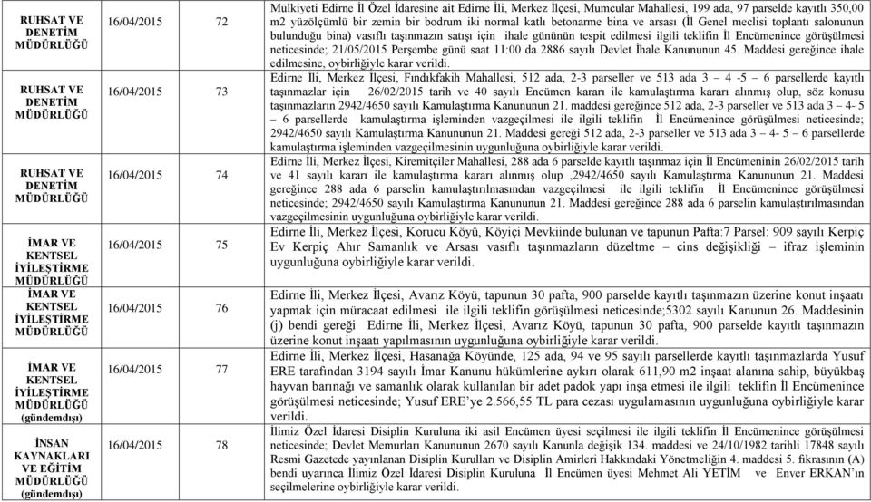 bina) vasıflı taşınmazın satışı için ihale gününün tespit edilmesi ilgili teklifin İl Encümenince görüşülmesi neticesinde; 21/05/2015 Perşembe günü saat 11:00 da 2886 sayılı Devlet İhale Kanununun 45.