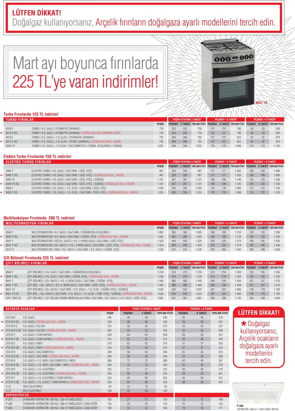 / OTOMAT K ÇAKMAKLI 9313 E DG TURBO / 3 G. GAZLI + 1 G. ELEK. / OTOM. ÇAKMAKLI / (DO ALGAZ KULL. HAZIR) 9330 YS TURBO / 3 G. GAZLI + 1 G ELEK. / GAZ EMN YETL / DÜ M.