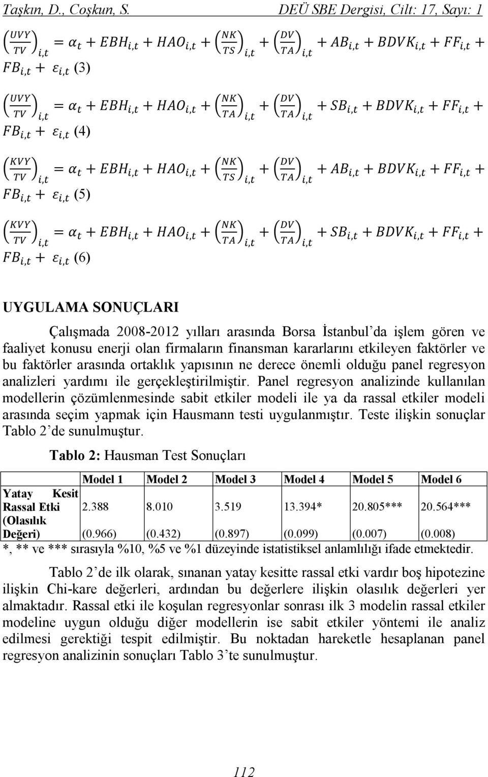 + FB, + ε, (5), = α + EBH, + HAO, +, +, + SB, + BDVK, + FF, + FB, + ε, (6) UYGULAMA SONUÇLARI Çalışmada 2008-2012 yılları arasında Borsa İstanbul da işlem gören ve faaliyet konusu enerji olan