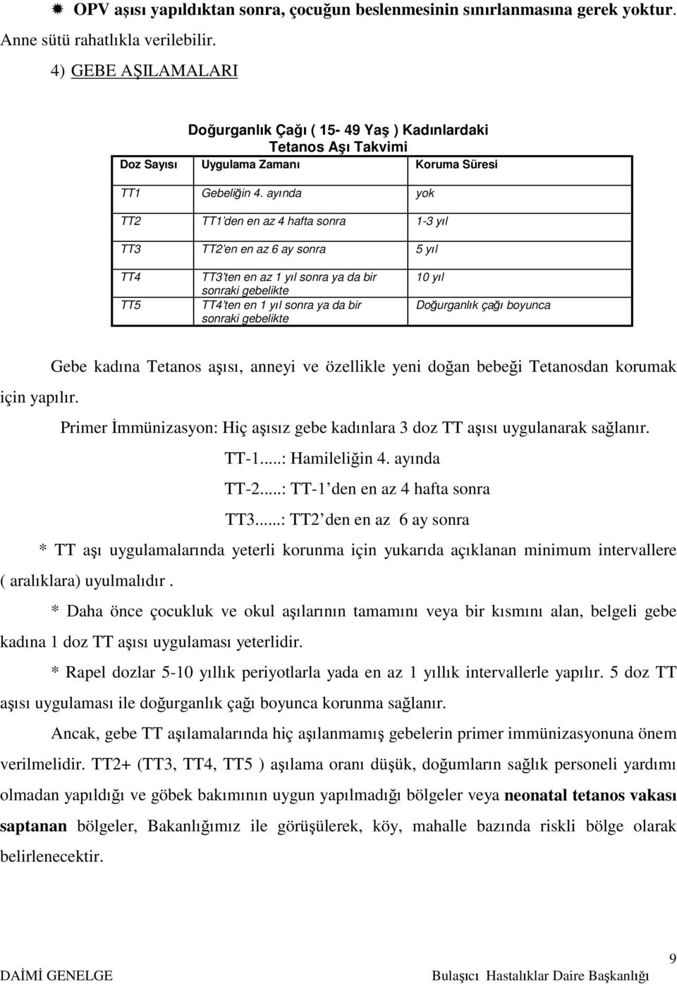 ayında yok TT2 TT1 den en az 4 hafta sonra 1-3 yıl TT3 TT2 en en az 6 ay sonra 5 yıl TT4 TT5 TT3 ten en az 1 yıl sonra ya da bir sonraki gebelikte TT4 ten en 1 yıl sonra ya da bir sonraki gebelikte