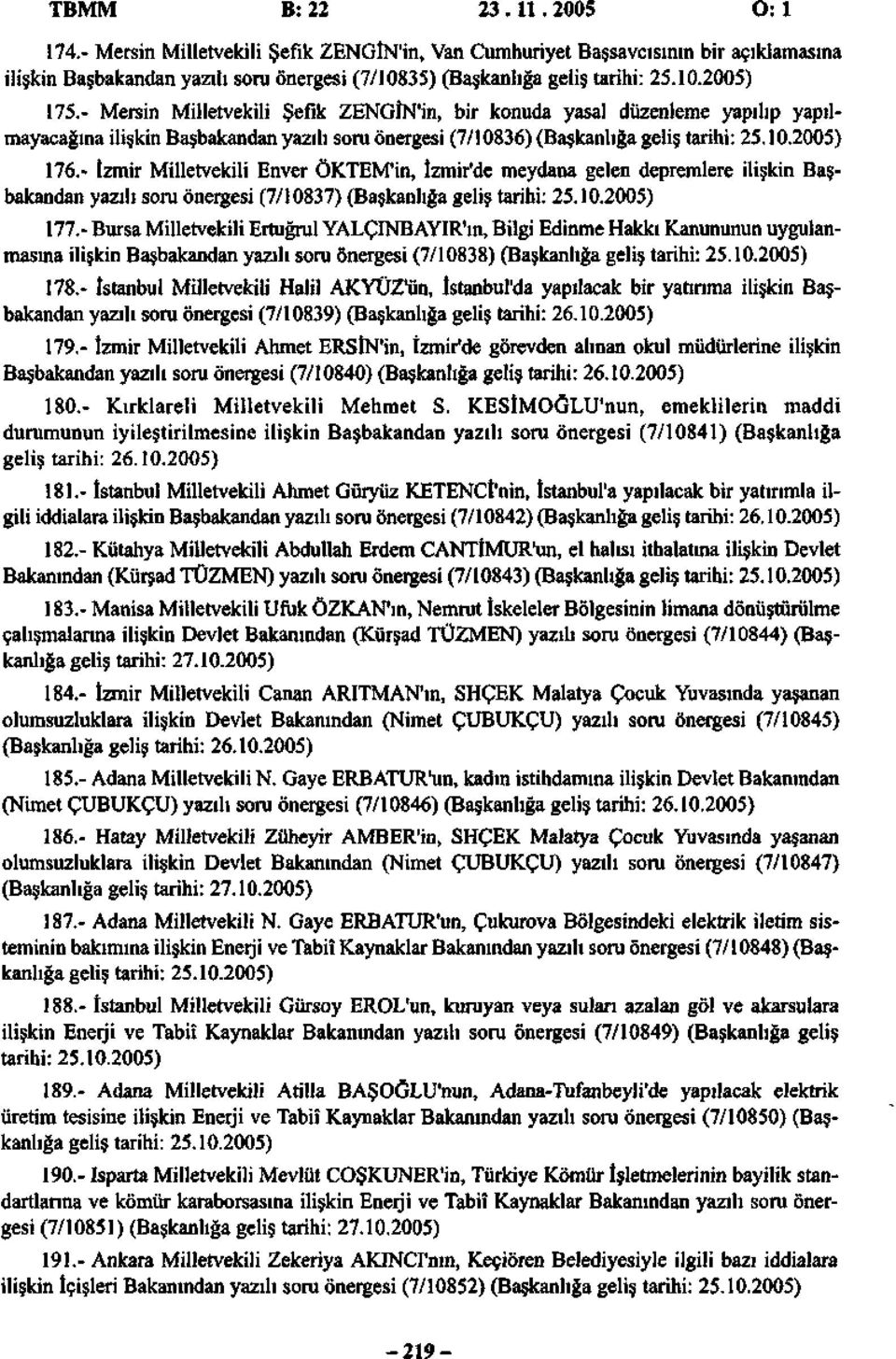 - İzmir Milletvekili Enver ÖKTEM'in, İzmir'de meydana gelen depremlere ilişkin Başbakandan yazılı soru önergesi (7/10837) (Başkanlığa geliş tarihi: 25.10.2005) 177.