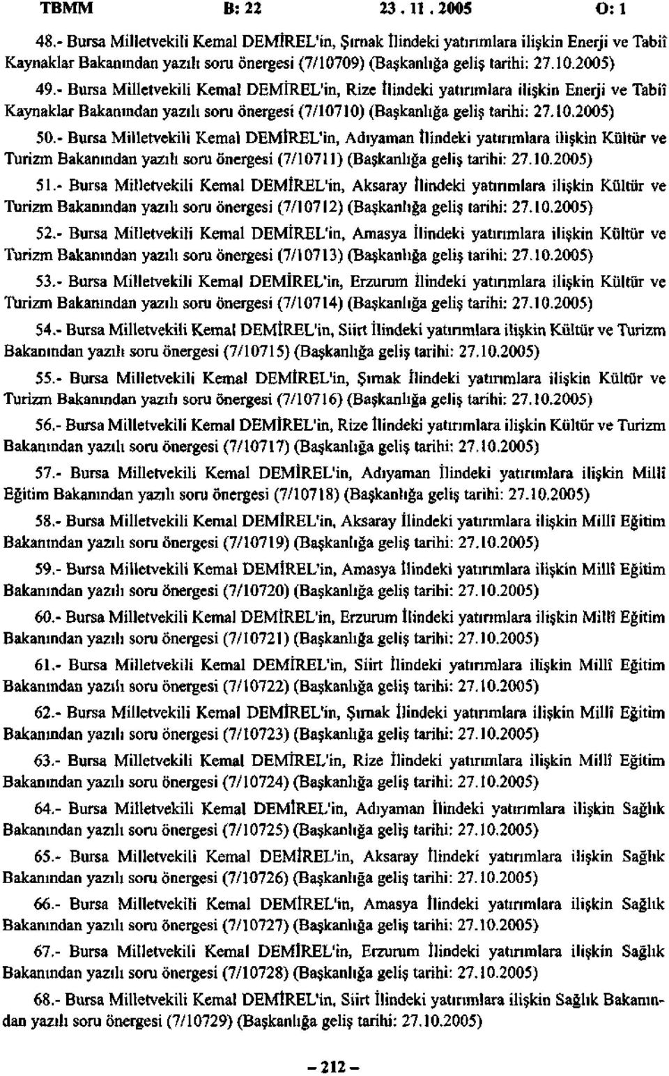 - Bursa Milletvekili Kemal DEMİREL'in, Rize İlindeki yatırımlara ilişkin Enerji ve Tabiî Kaynaklar Bakanından yazılı soru önergesi (7/10710) (Başkanlığa geliş tarihi: 27.10.2005) 50.