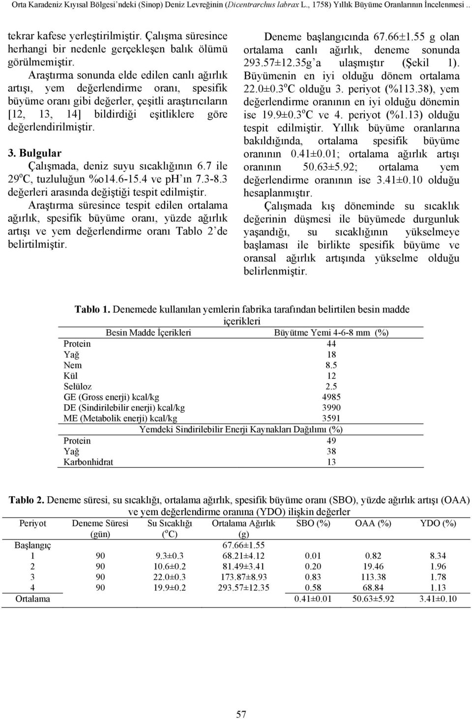 Araştırma sonunda elde edilen canlı ağırlık artışı, yem değerlendirme oranı, spesifik büyüme oranı gibi değerler, çeşitli araştırıcıların [12, 13, 14] bildirdiği eşitliklere göre değerlendirilmiştir.