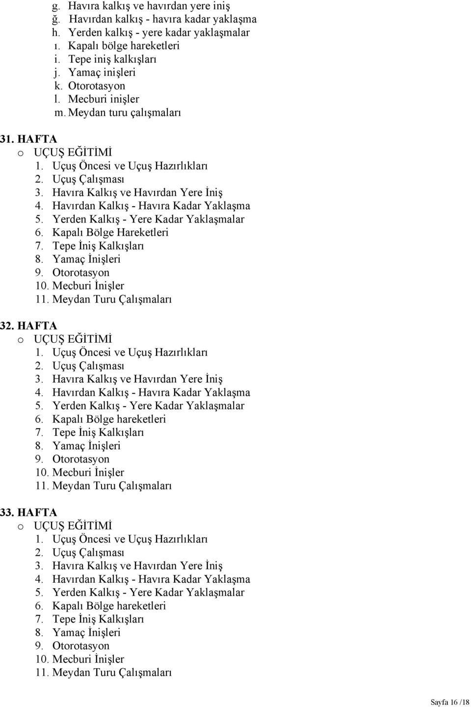 Kapalı Bölge Hareketleri 7. Tepe İniş Kalkışları 8. Yamaç İnişleri 32. HAFTA 3. Havıra Kalkış ve Havırdan Yere İniş 4. Havırdan Kalkış - Havıra Kadar Yaklaşma 5.